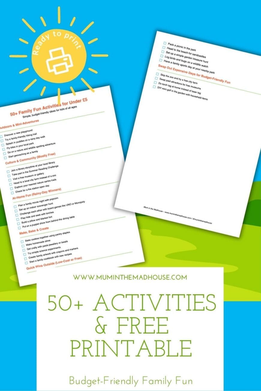 Looking for cheap family activities? This free printable checklist has 50+ fun ideas under a fiver — from picnics and puddle walks to easy crafts and games. Perfect for rainy days or weekend adventures!