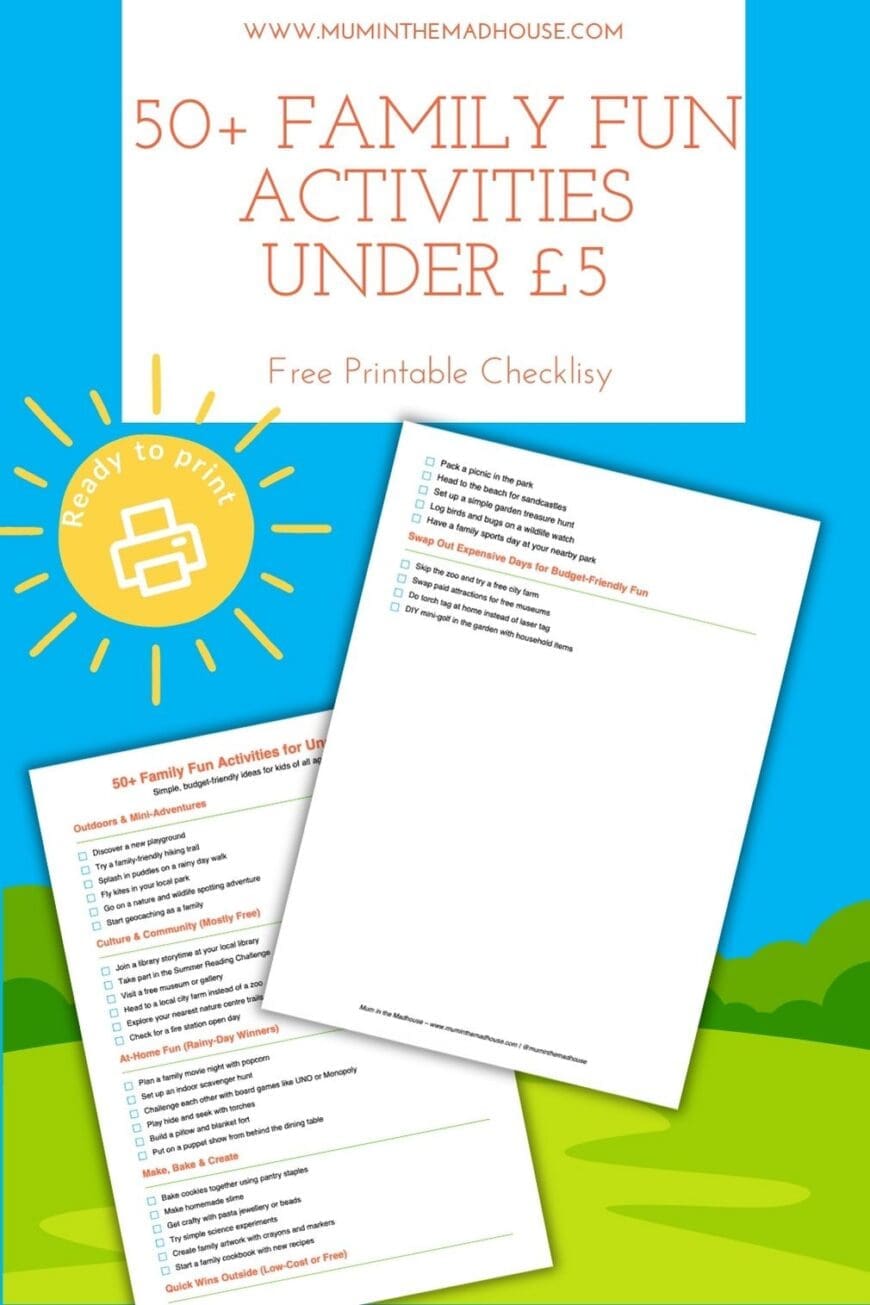 Keep kids busy without breaking the bank! Download this free printable checklist of 50+ family fun activities under £5. From outdoor play to crafts and rainy day ideas, it’s packed with budget-friendly inspiration.