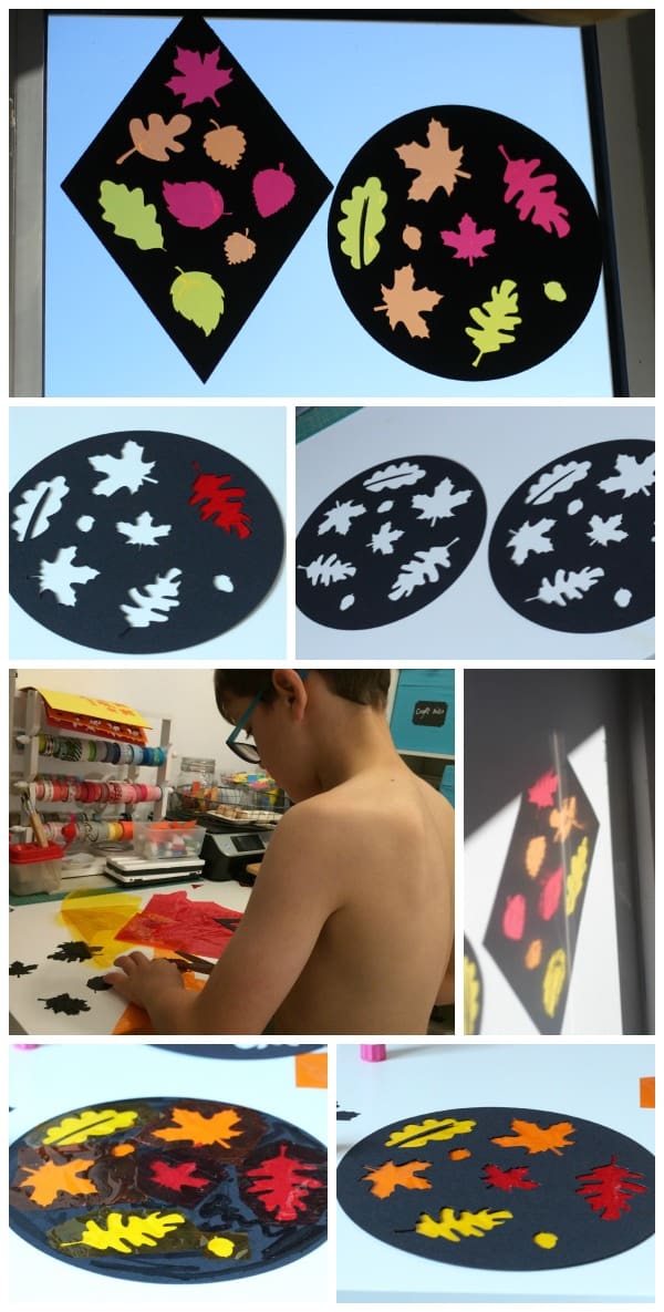 Autumn sun catcher. Make a beautiful cellophane sun catcher to celebrate fall. The black background really makes the autumnal colours pop. This is a super fun DIY craft activity for kids.