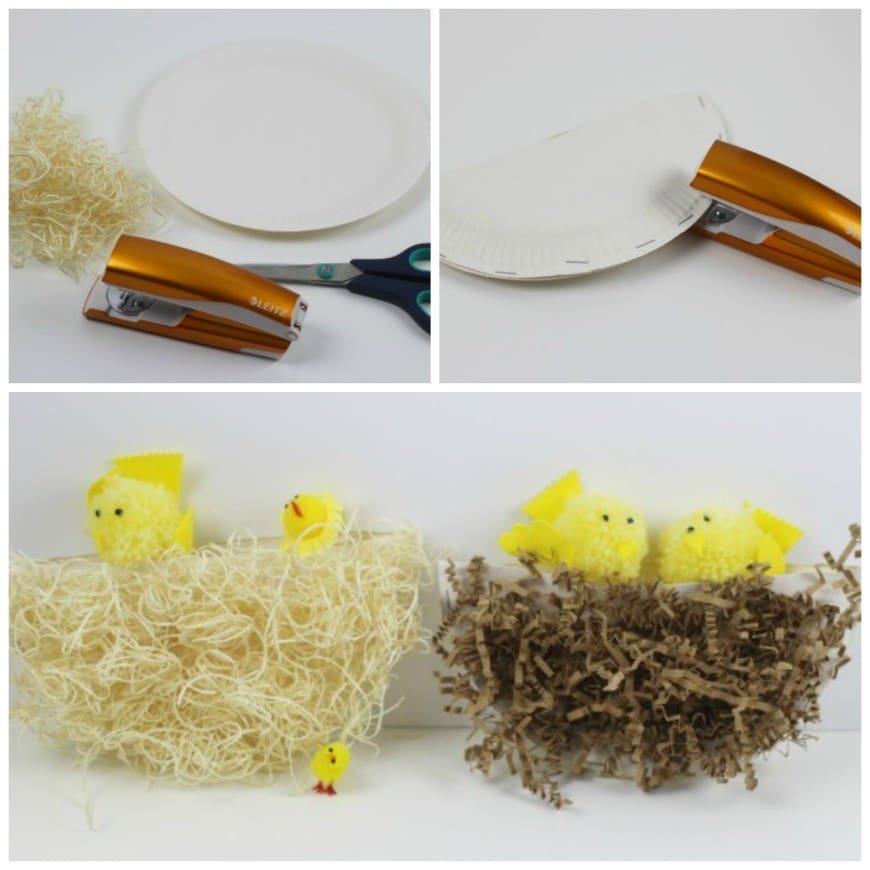 Paper plate nests - Simple paper plate nests using recycled packing materials. This is an easy, effective craft for kids for Spring and Easter.