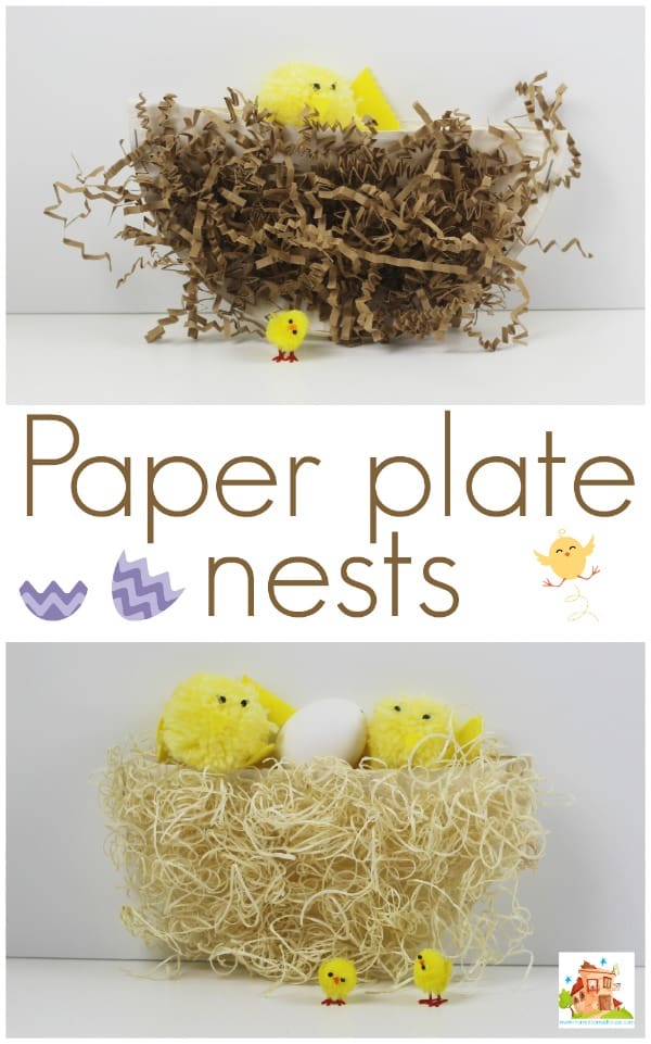 Paper plate nests - Simple paper plate nests using recycled packing materials. This is an easy, effective craft for kids for Spring and Easter.