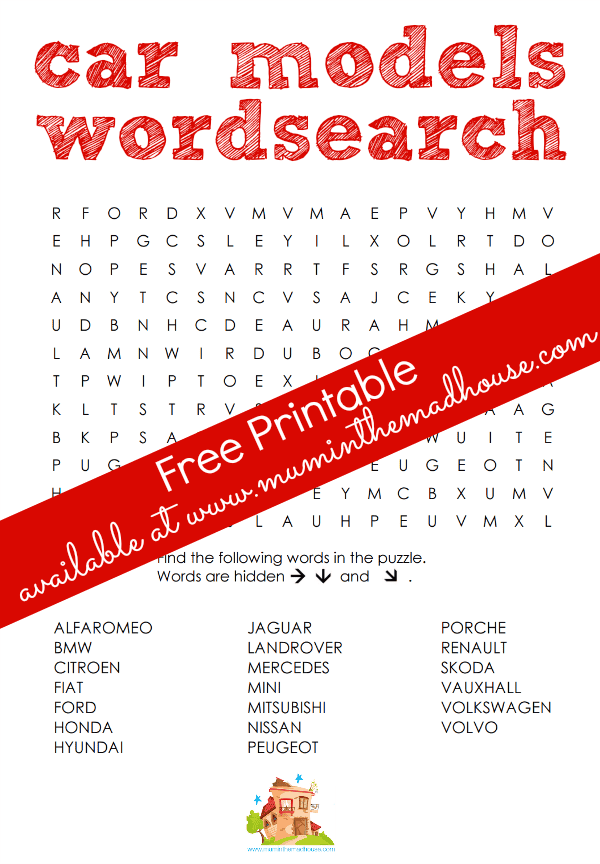 car models wordsearch free printable