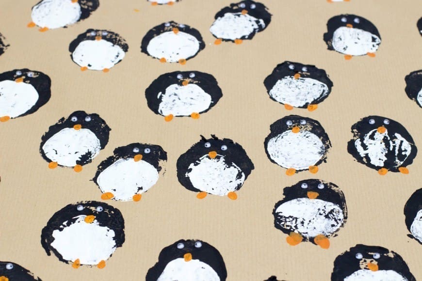 DIY Wrapping paper - potato print penguins 
