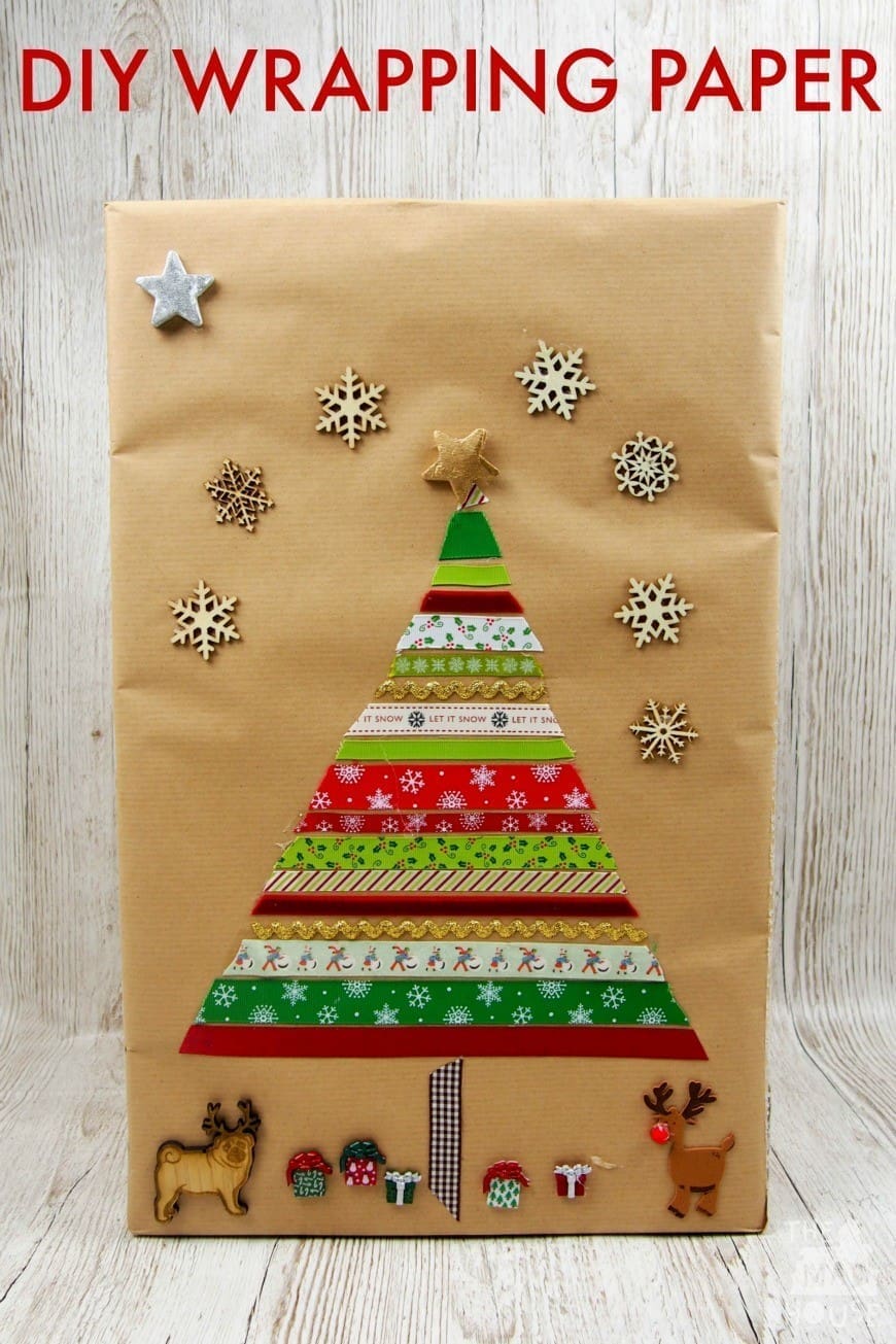 DIY Wrapping Paper- This festive gift wrap is simple to make with the kids using ribbons and double sided tape,