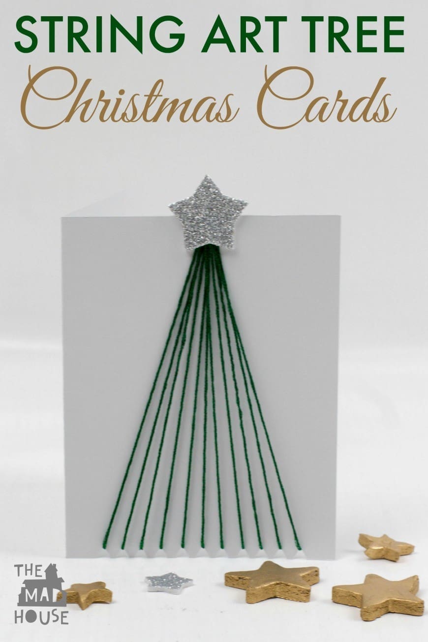 String Art Tree Christmas Cards. These fine motor string art tree christmas cards are perfect for the scandi style that is around at the moment and a great festive kids craft