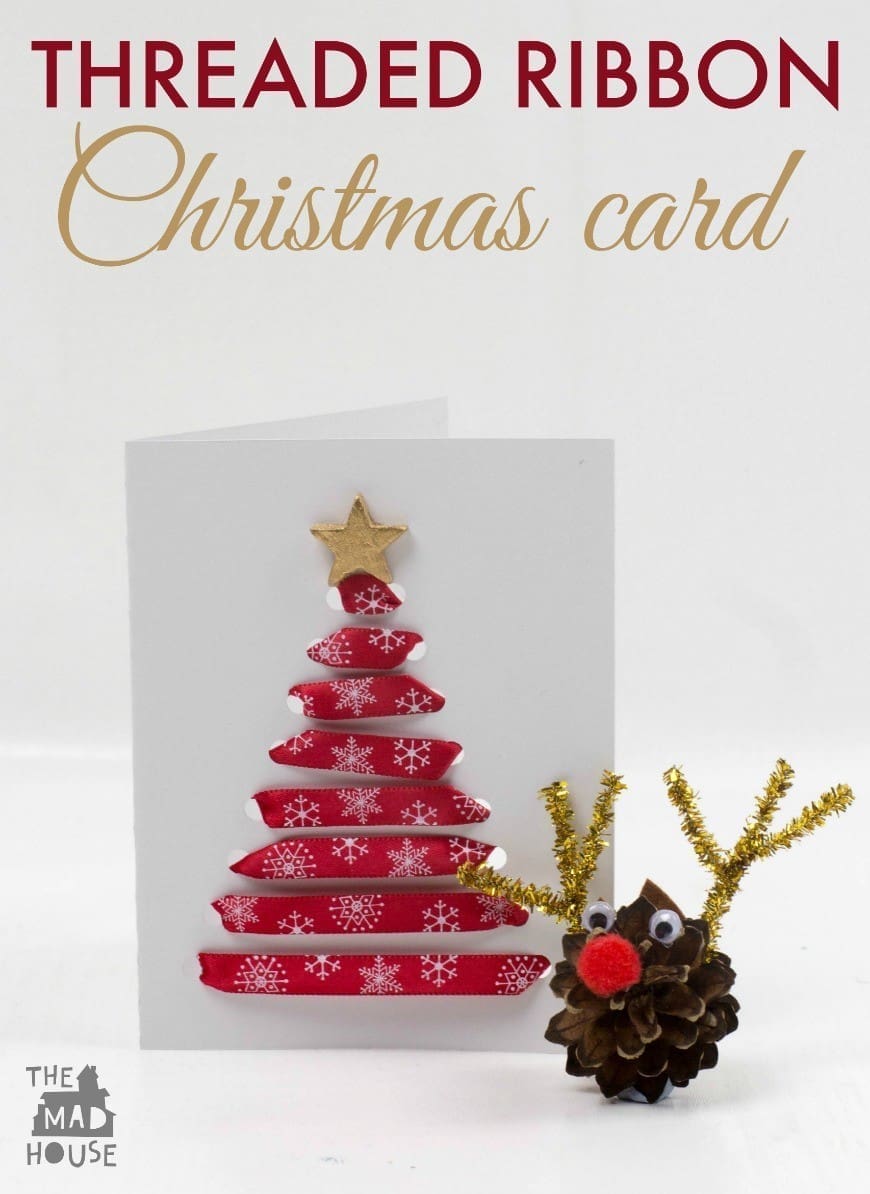 Threaded Ribbon Christmas Cards. These simple Christmas cards are perfect for children of all ages to make and perfect for working on fine motor skills too