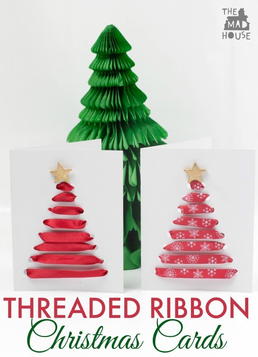 These simple threaded ribbon Christmas cards are perfect for children of all ages to make and perfect for working on fine motor skills too . A simple christmas card craft for kids