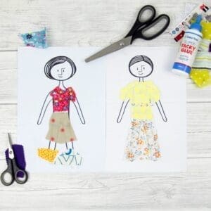Five fab printables for scrap fabric paper dolls, inspired by the vintage paper dolls. A fantastic DIY kids craft to recycle and reuse scrap fabric. Scrap fabric paper dolls are such a fun DIY craft for children and a great way to practice scissor skills. Kids can also colouring them in or even dress them with scrapbooking paper.