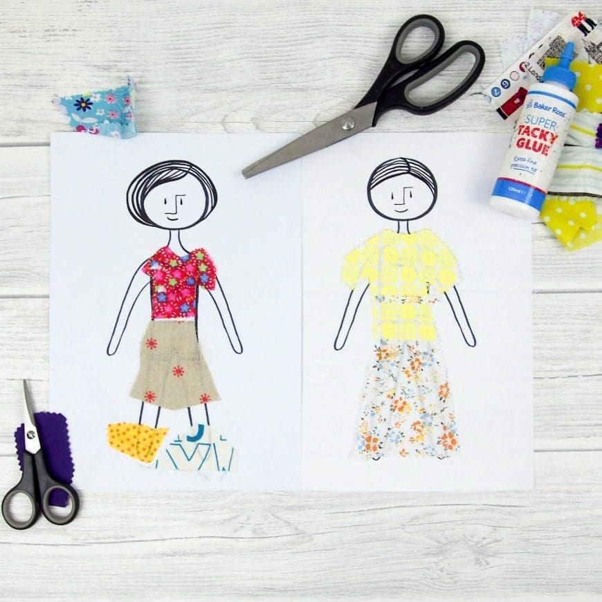 Five fab printables for scrap fabric paper dolls, inspired by the vintage paper dolls. A fantastic DIY kids craft to recycle and reuse scrap fabric. Scrap fabric paper dolls are such a fun DIY craft for children and a great way to practice scissor skills. Kids can also colouring them in or even dress them with scrapbooking paper.