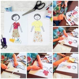 Five fab printables for scrap fabric paper dolls, inspired by the vintage paper dolls. A fantastic DIY kids craft to recycle and reuse scrap fabric. Scrap fabric paper dolls are such a fun DIY craft for children and a great way to practice scissor skills. Kids can also colouring them in or even dress them with scrapbooking paper.