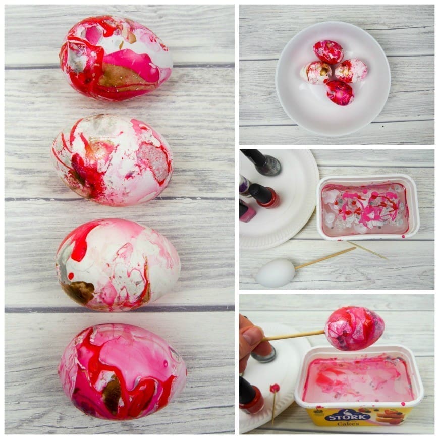 It is so easy to marble eggs with mail varnish.  You get an amazing effect and it is totally addictive, perfect for Easter.  Beware once you start marbling you will be doing it to everything including cups, vases and plates!  A super simple DIY craft that is perfect for tweens.