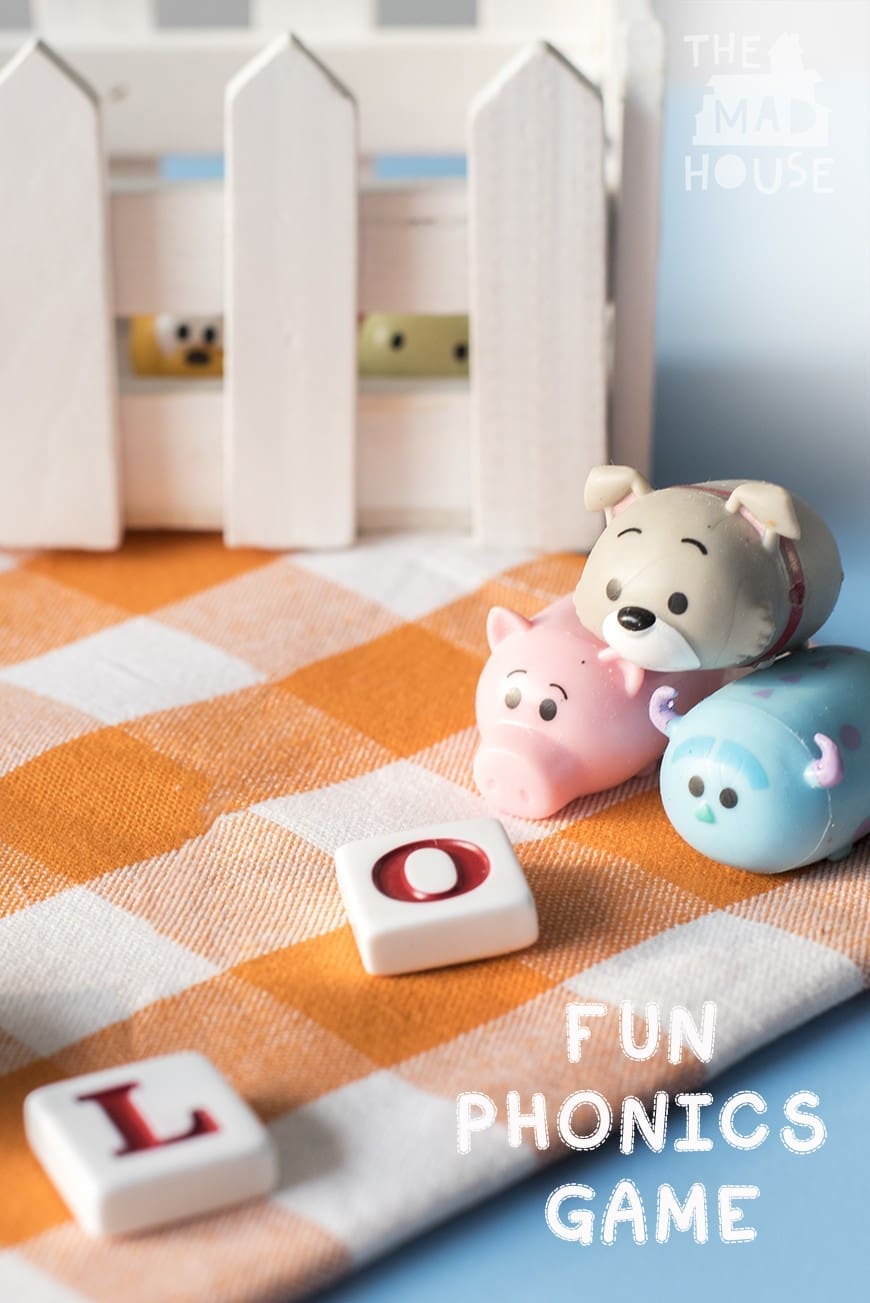 A fun simple DIY phonics game with Disney Tsum Tsums. This homemade kids phonics games is simple to put together using what you have at home and you can adjust it to use your child's favorite small toys such as Shopkins, fungus amungus. This is a super way to learn whilst playing.