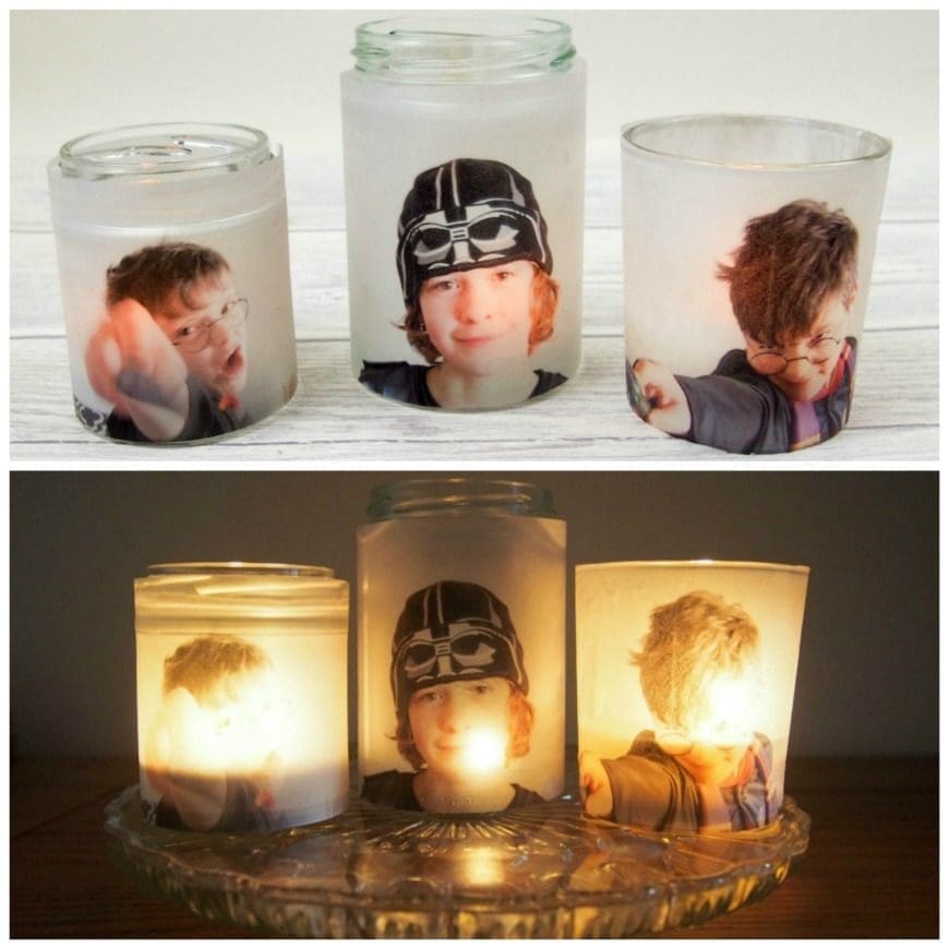 Upcycle glass jars into a stunning glowing photo jar luminaries. This beautiful photo luminaries glow when you add a candle and make the perfect gifts. What a fun DIY craft.