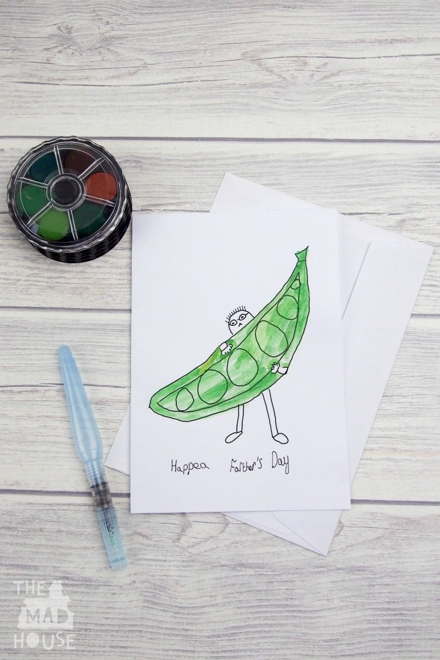 Make sure you wish your dad a hap-pea Father's Day with our Simple Father's Day Card designed by Maxi aged 11. Download, print and colour for free.