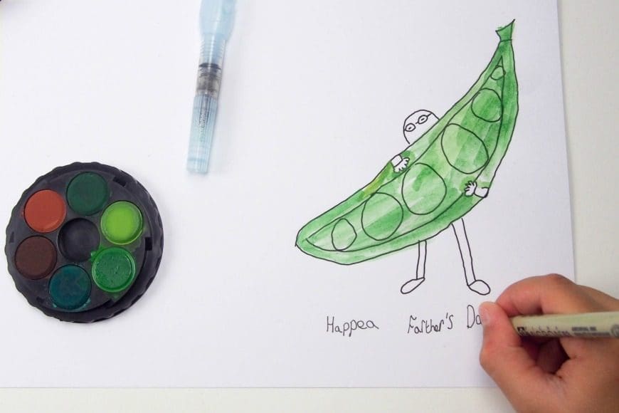 Make sure you wish your dad a hap-pea Father's Day with our Simple Father's Day Card designed by Maxi aged 11. Download, print and colour for free.