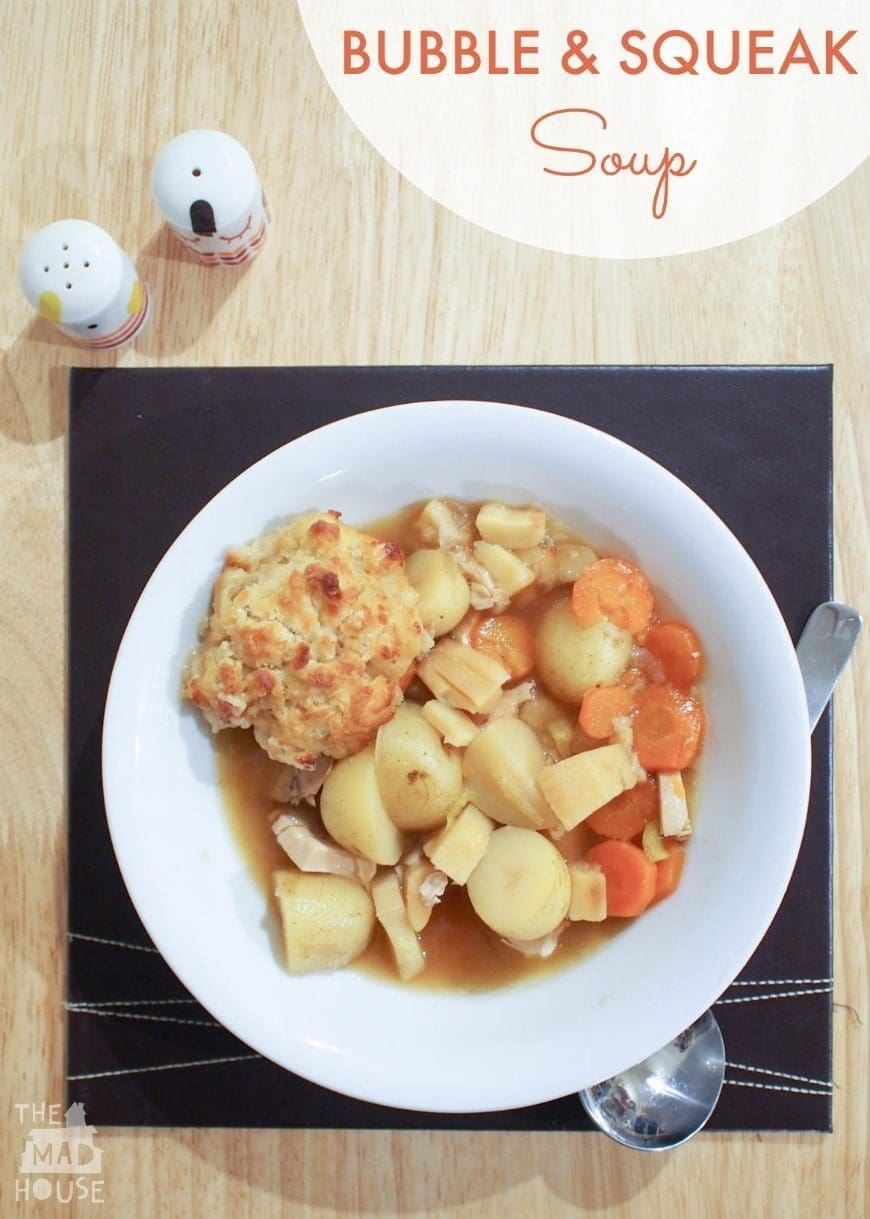 Waste-busting, family friendly bubble and squeak soup. This delicious and healthy family meal is simple to make and a great way of using leftovers.