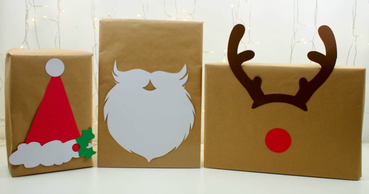Make family and friends smile with these clever Christmas wrapping ideas for brown paper with Christmas photo booth props that can be reused.