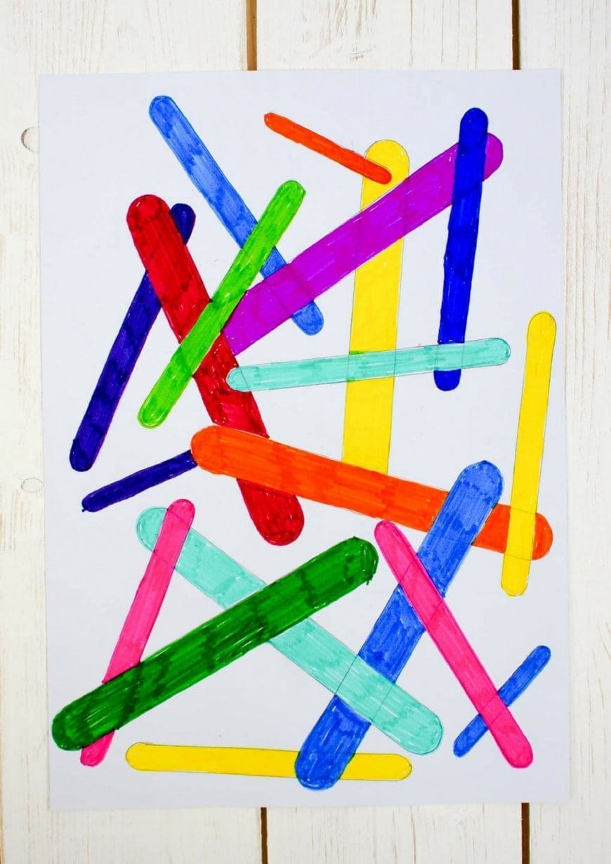 Craft Stick Process Art - a colourful tracing craft. Trace craft sticks to create a beautiful piece of process art. Craft stick process art is a super fun kids craft activity.