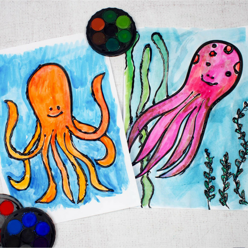 Octopus watercolour glue resist art