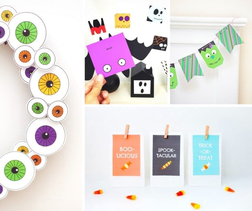 A selection of free Halloween printables including colouring pages, carving patterns, masks, favour boxes, games, decorations and other spooky crafts