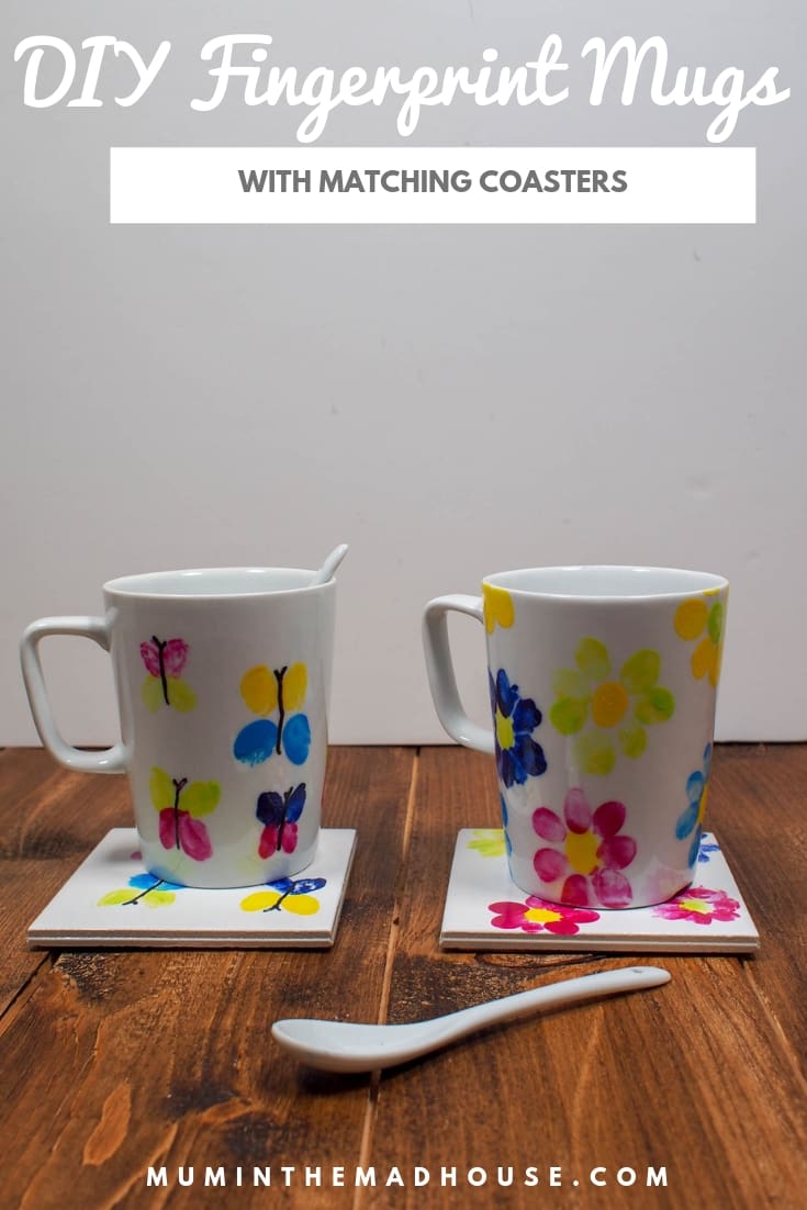 These dishwasher proof fingerprint mugs and matching coasters are a great keepsake craft and make lovely kids craft ideal for Mother's Day, teacher appreciation gifts or for grandparents.