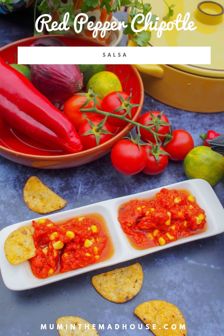 Red Pepper Chipotle Salsa is a tasty alternative to tomato salsa and is vegan and delicious.