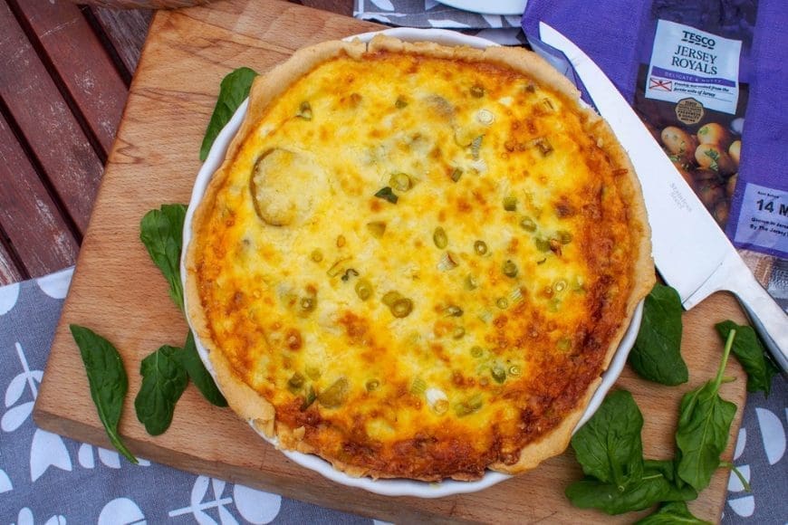 New potato, spring onion & cheddar quiche