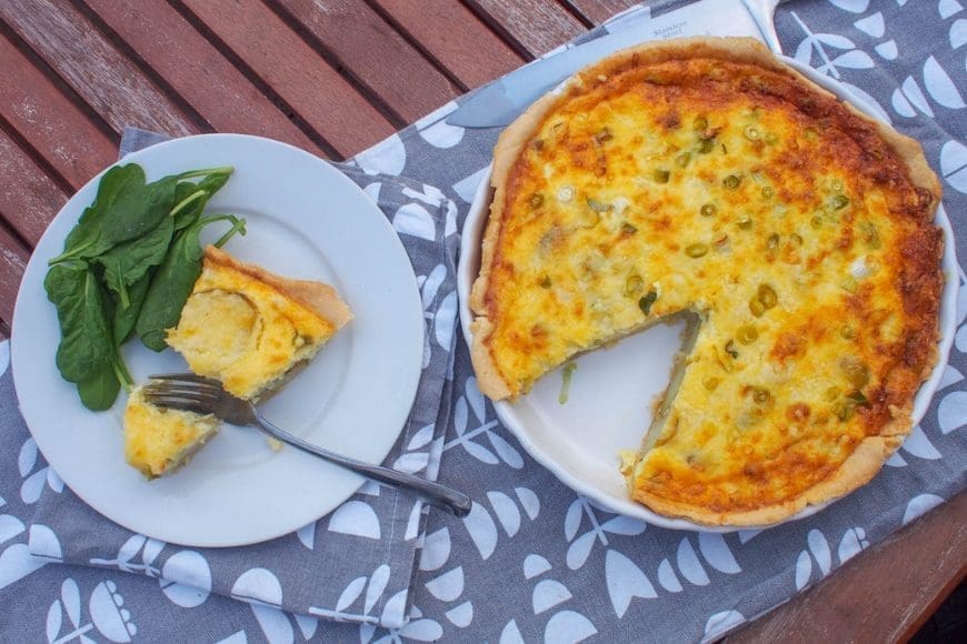 New potato, spring onion & cheddar quiche
