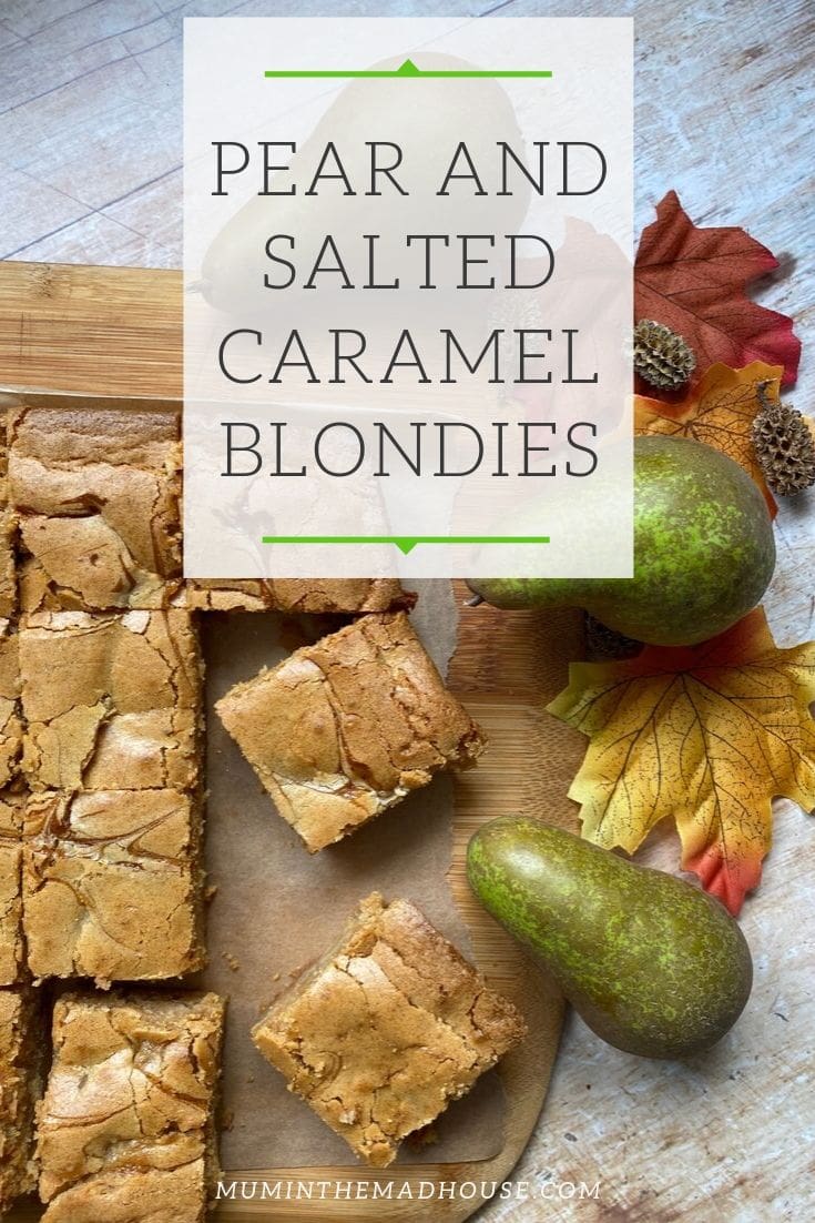 Amazing Pear and Salted Caramel Blondies.  Gooey, chewy, moist, and with the added pear I am sure they count as one of your five a day! 