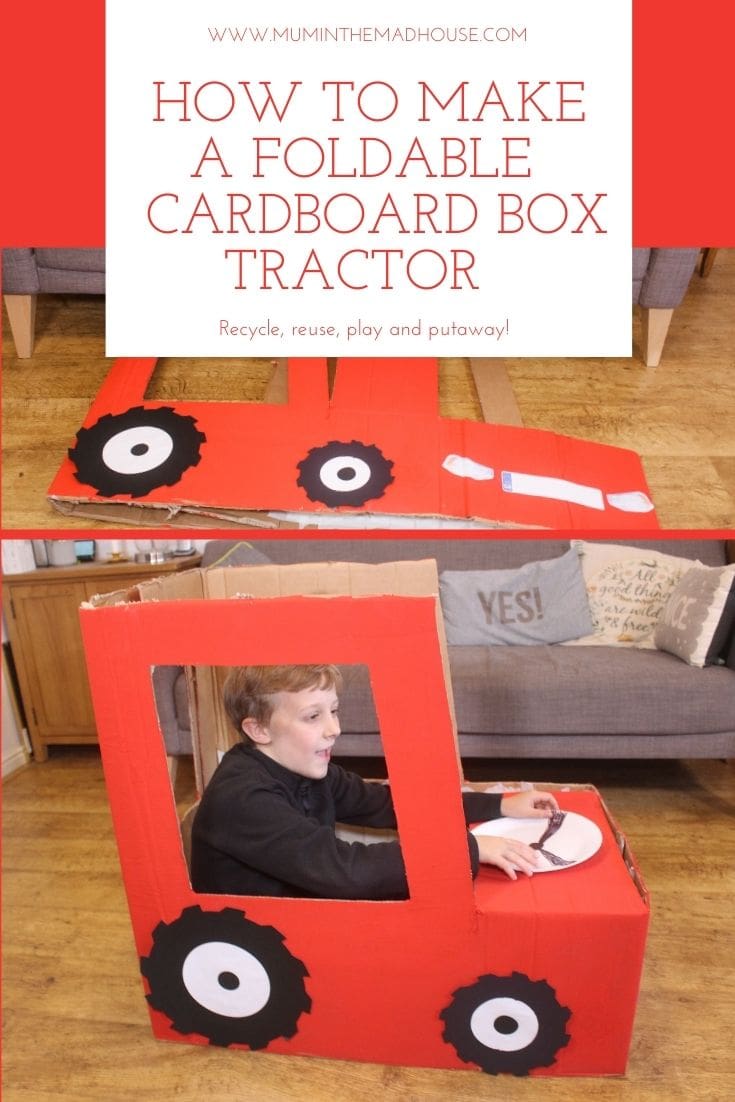 Build a foldable cardboard tractor from a recycled bike box! Step-by-step guide with free printable templates, paper plate wheels, and Velcro for easy storage.