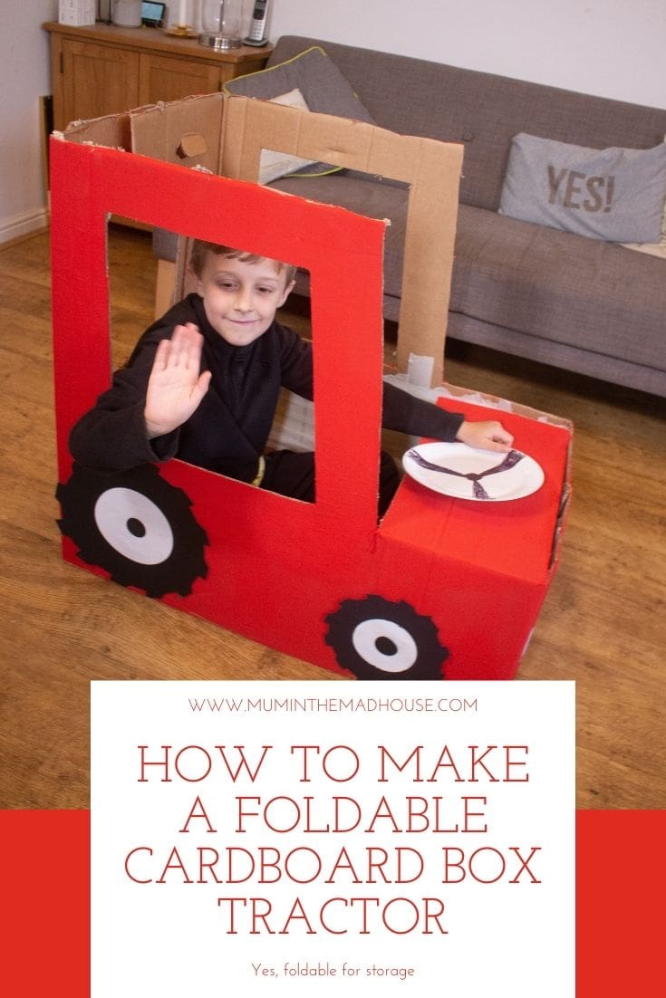 Turn a bike box into a foldable tractor! A fun DIY project for adults to make costumes or play props for kids. Includes free printables and easy instructions.