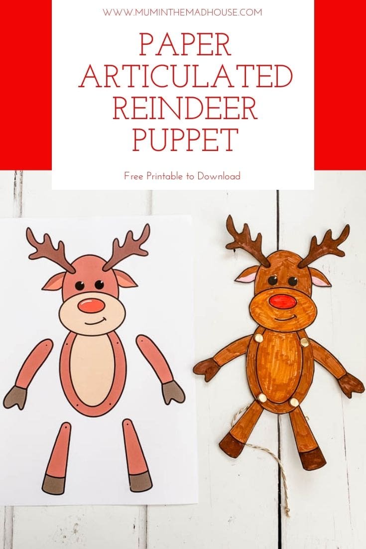 This fun paper articulated reindeer puppet printable comes ready for you to colour or already coloured. A fun festive craft for kids.