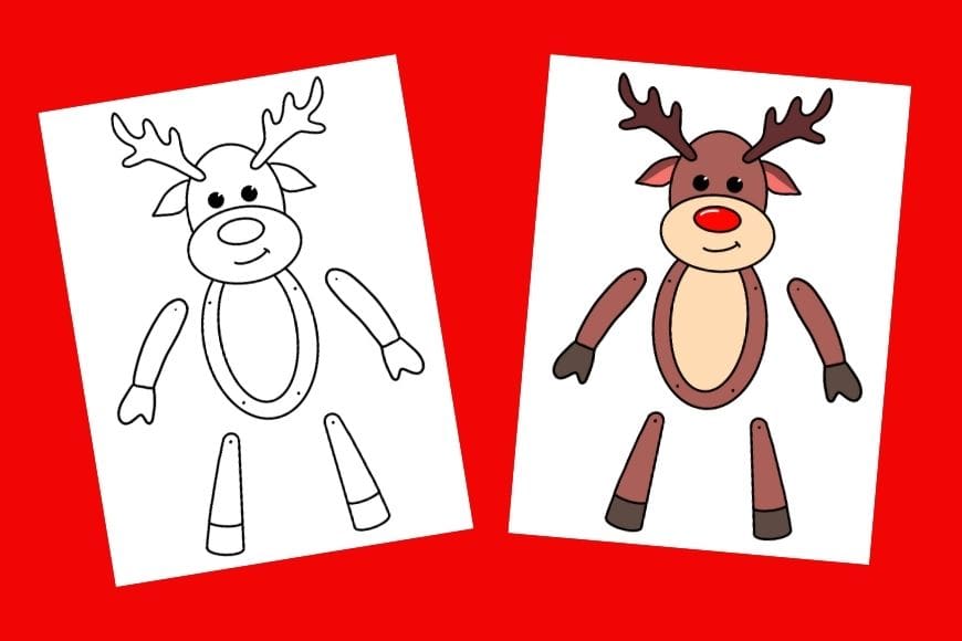 This fun paper articulated reindeer puppet printable comes ready for you to colour or already coloured. A fun festive craft for kids.
