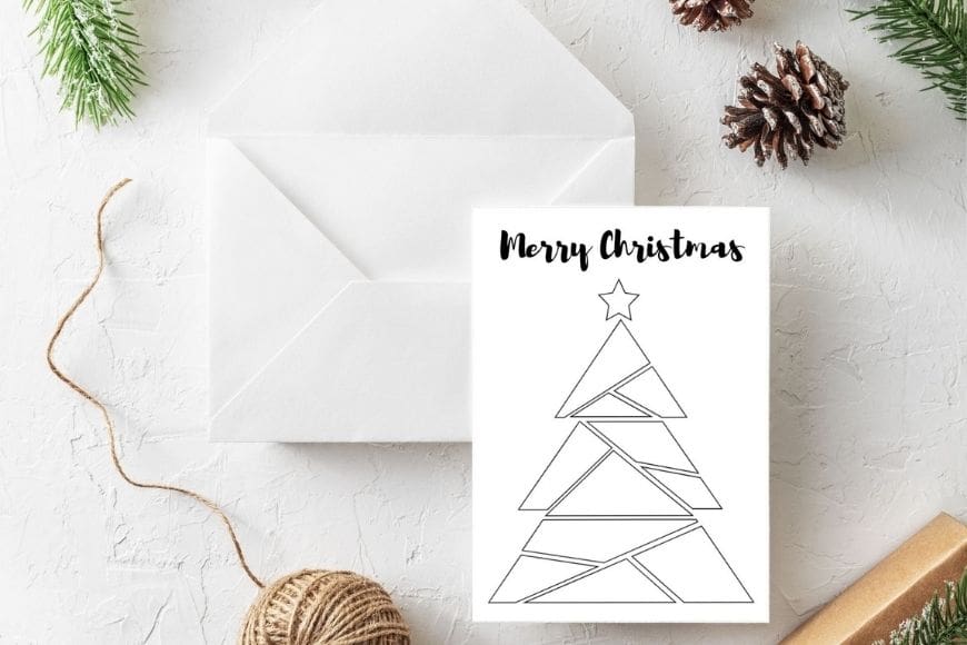 Merry Christmas - Tree Christmas  card to print and colour in