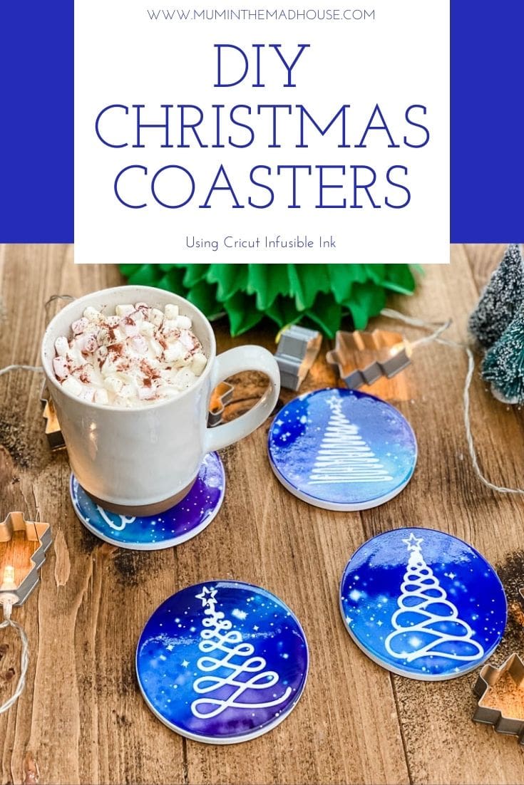 Stunning DIY Christmas Coasters using Cricut Infusible ink to create stunning and bright Christmas Tree silhouettes against a starry night sky.