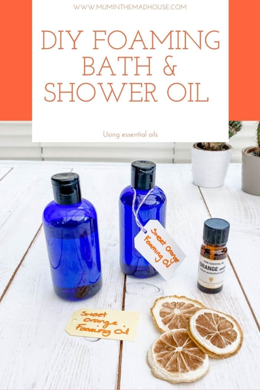 2 blue bottles containing DIY Bath Oil