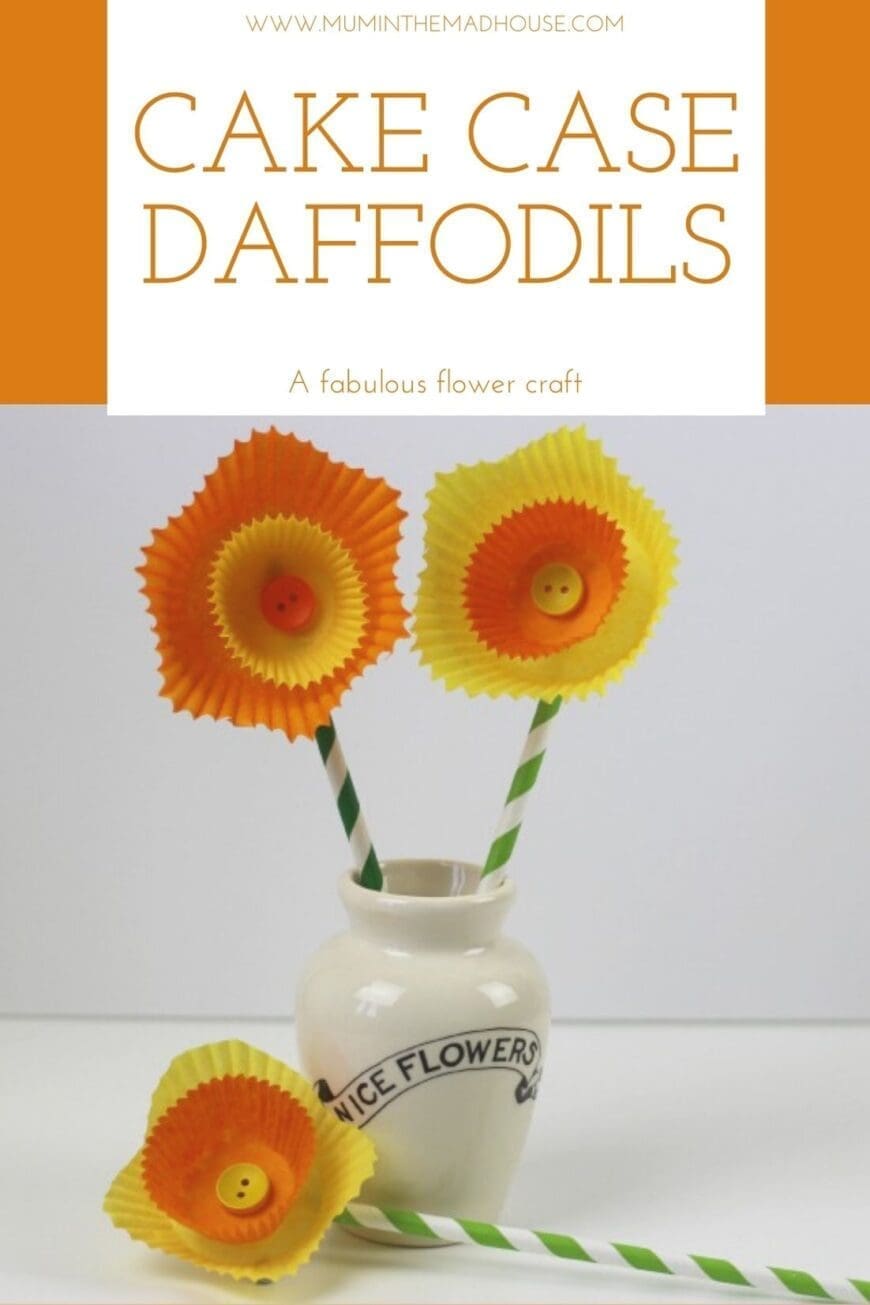 DIY Cake case daffodils, a simple craft activity perfect for kids of all ages. Homemade flowers are easy to make but look fantastic. Make them even more effective by using different sized cases such as muffin and bun cases