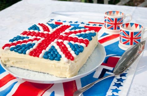 A rectangular cake with jelly beans in a union jack to celebrate the queens Platinum Jubilee