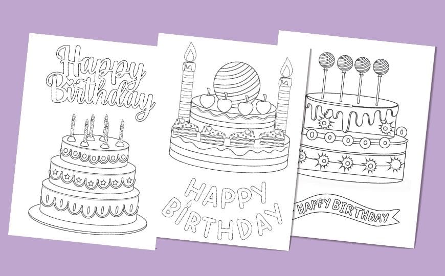 3 Birthday cake birthday cards to colour in