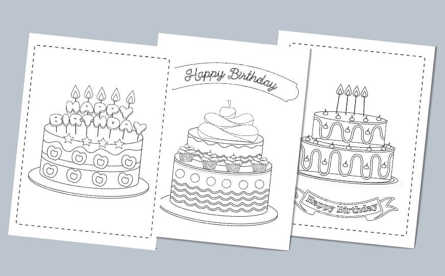 3 Birthday cake birthday cards to colour in
