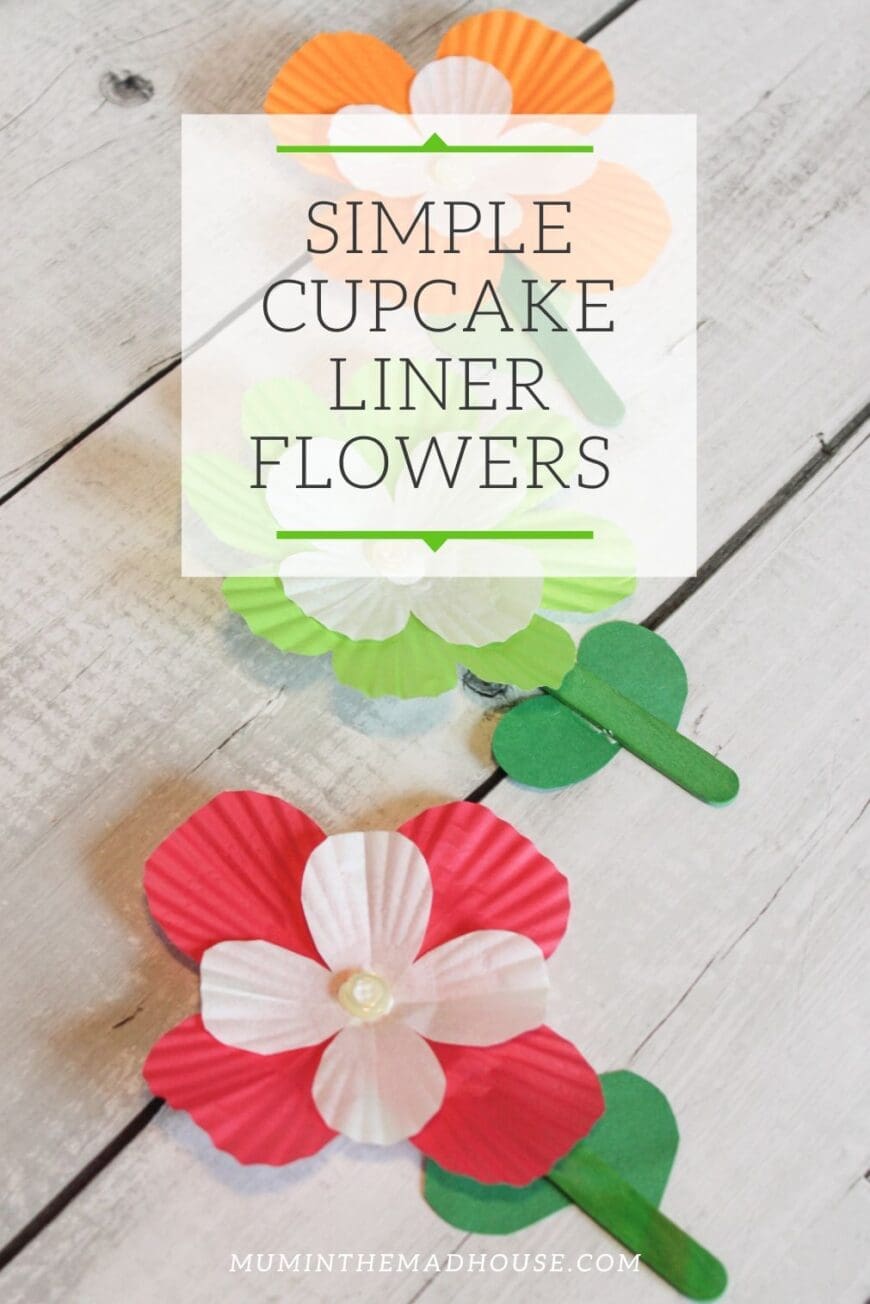 Kids make a bouquet of flowers using cupcake liners, buttons and craft sticks. A wonderful open-ended art activity with simple supplies.