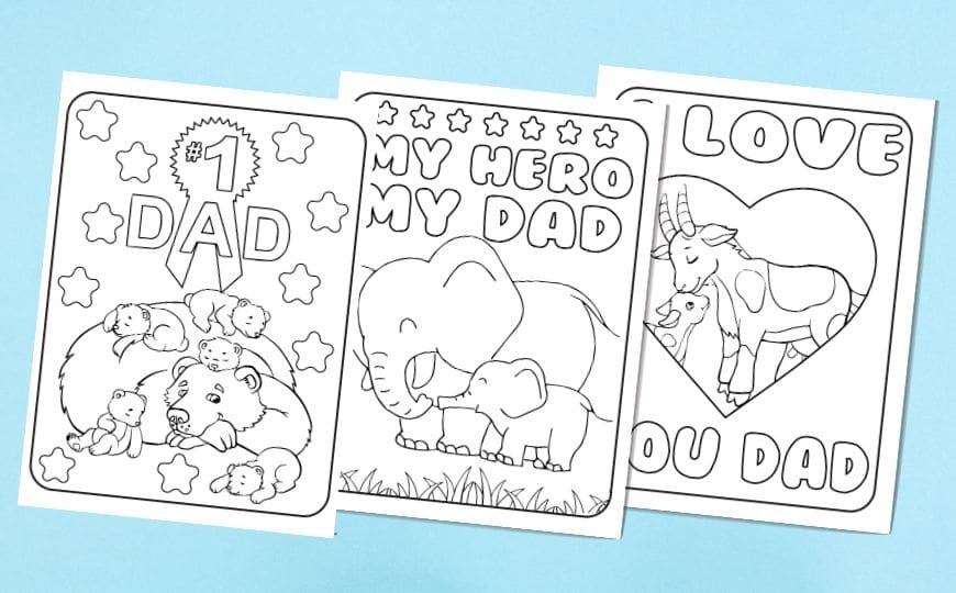 3 Animal Themed Father's days card line drawings