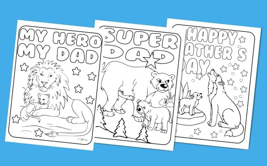 3 Animal Themed Father's days card line drawings