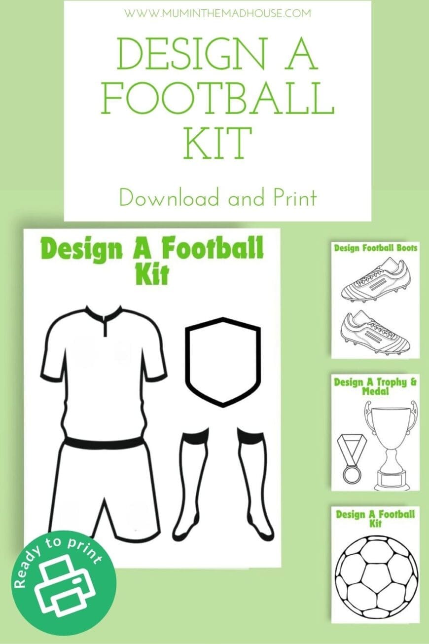 Design a football kit, including socks, shirt, shorts, boots, trophy, football and medal with this fun free printable. A brilliant set of worksheets.