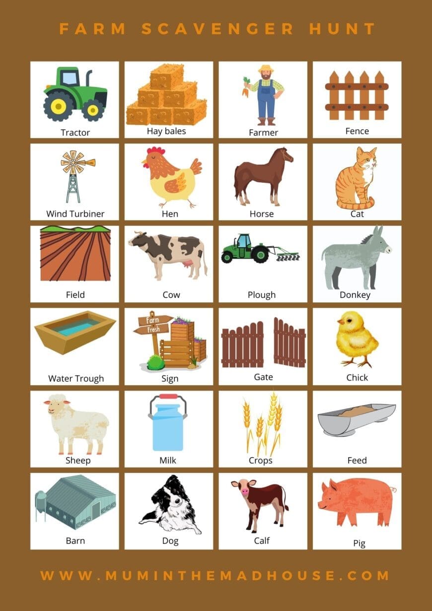 Explore the farm with a printable Farm Scavenger Hunt for kids. Children will look for animals, tractors, & more with this fun farm activity.