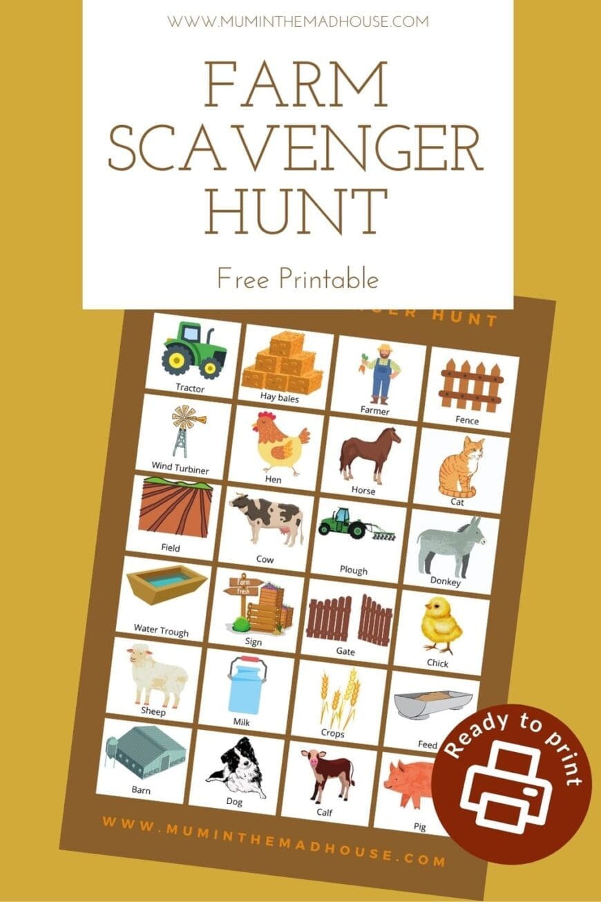 Explore the farm with a printable Farm Scavenger Hunt for kids. Children will look for animals, tractors, & more with this fun farm activity.