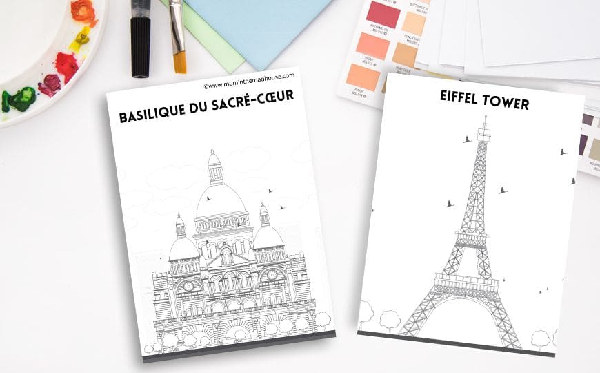 Sacre-cour and Eiffel Tower colouring pages
