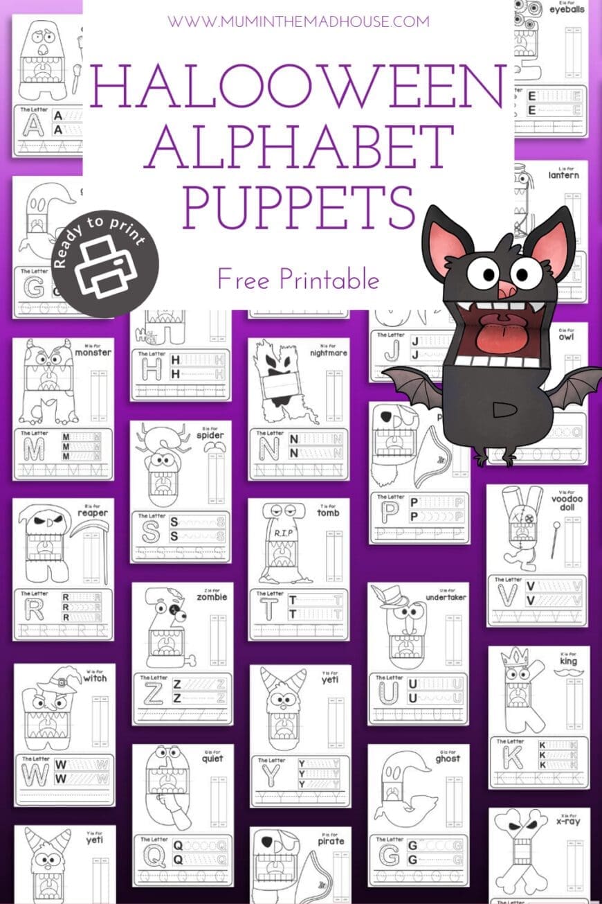 Engage kids in learning with these free printable A-Z puppets! Each letter features a Halloween-themed character to color, making literacy fun and creative.