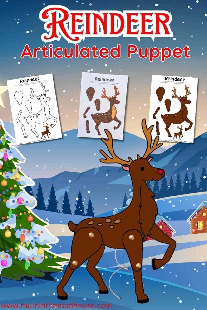 Get your kids involved in Christmas crafting with this free articulated reindeer puppet. Choose between a color-in version or pre-colored design for an easy DIY project