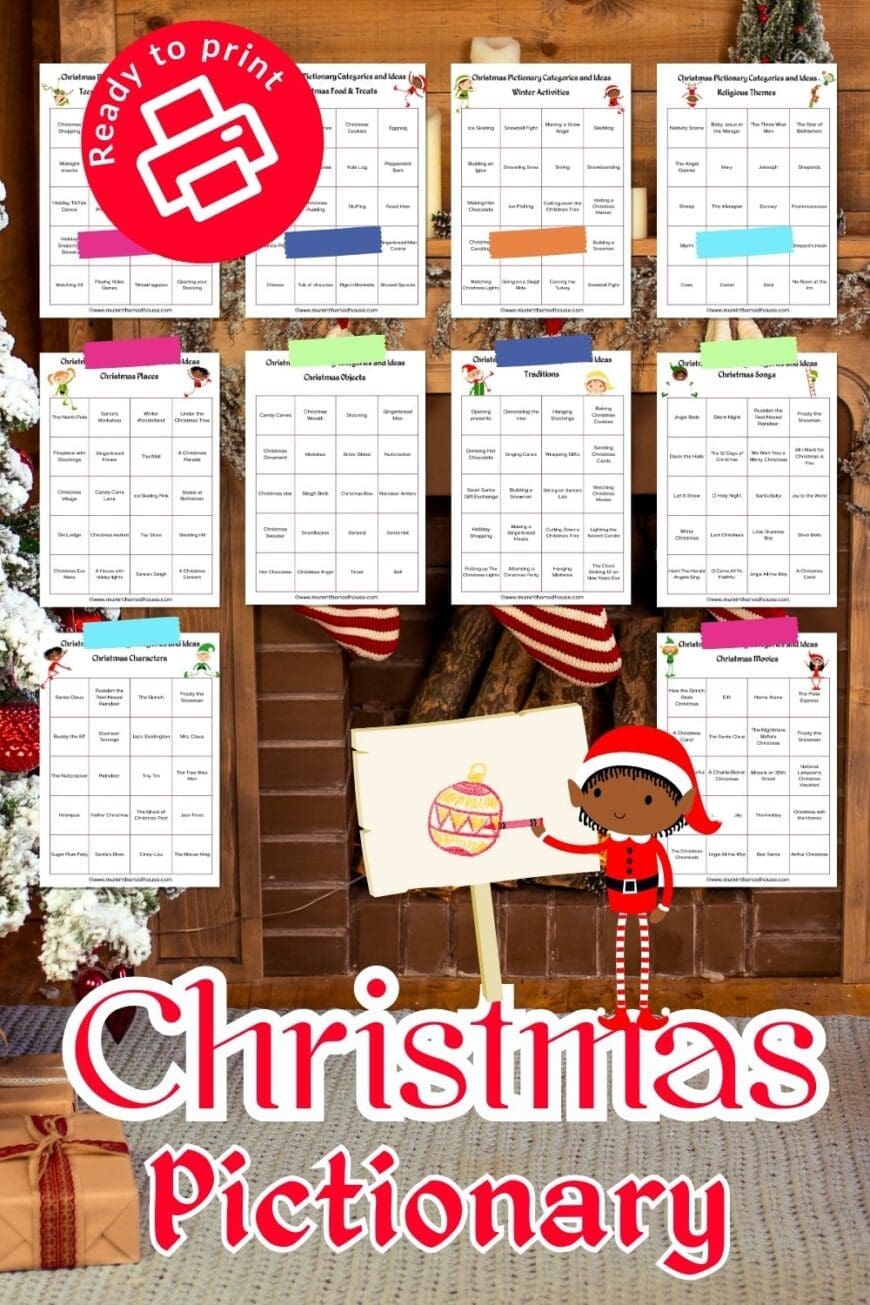 Host the perfect Christmas game night with free printable Pictionary cards! Featuring holiday-themed categories like songs, movies, and more. Download and start playing!